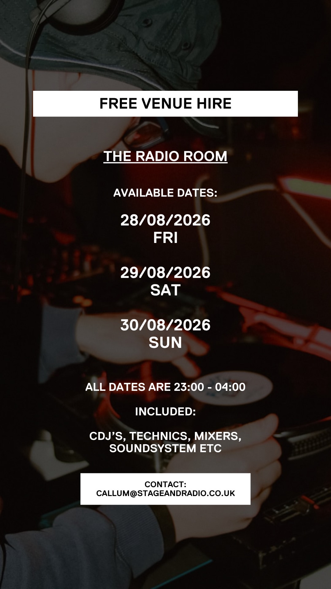 Free venue hire — The Radio Room
