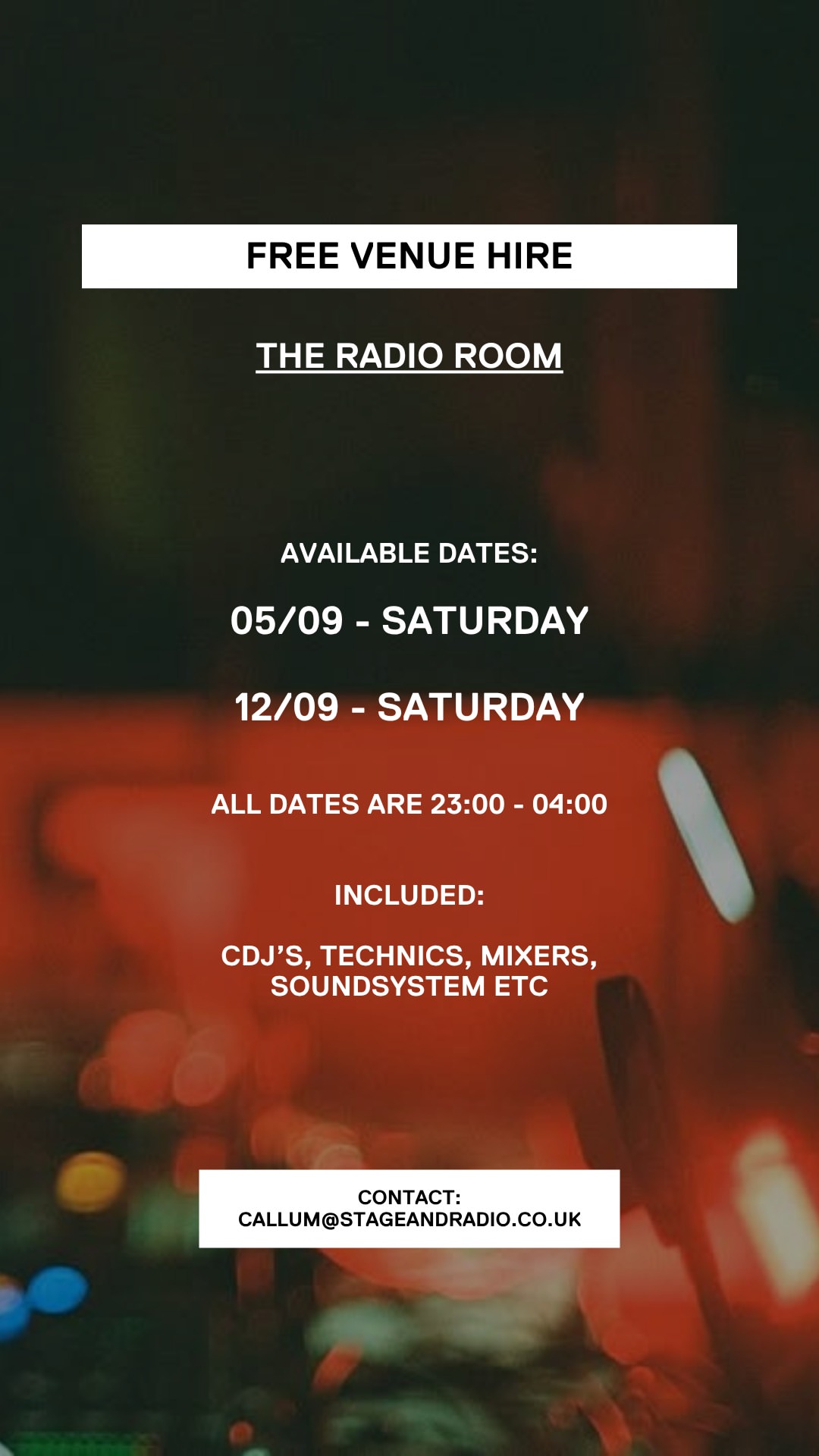 Free venue hire — The Radio Room