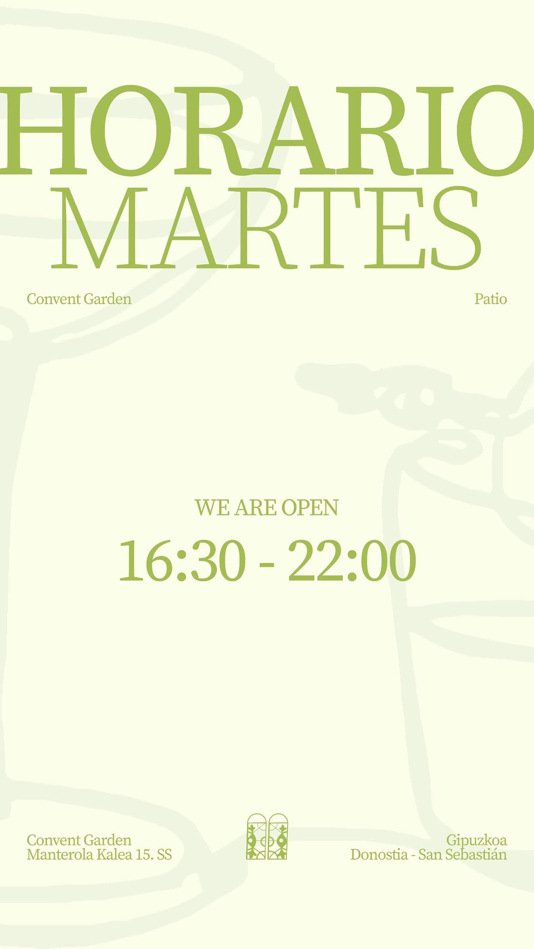 Horario Martes — Patio abierto 16:30–22:00