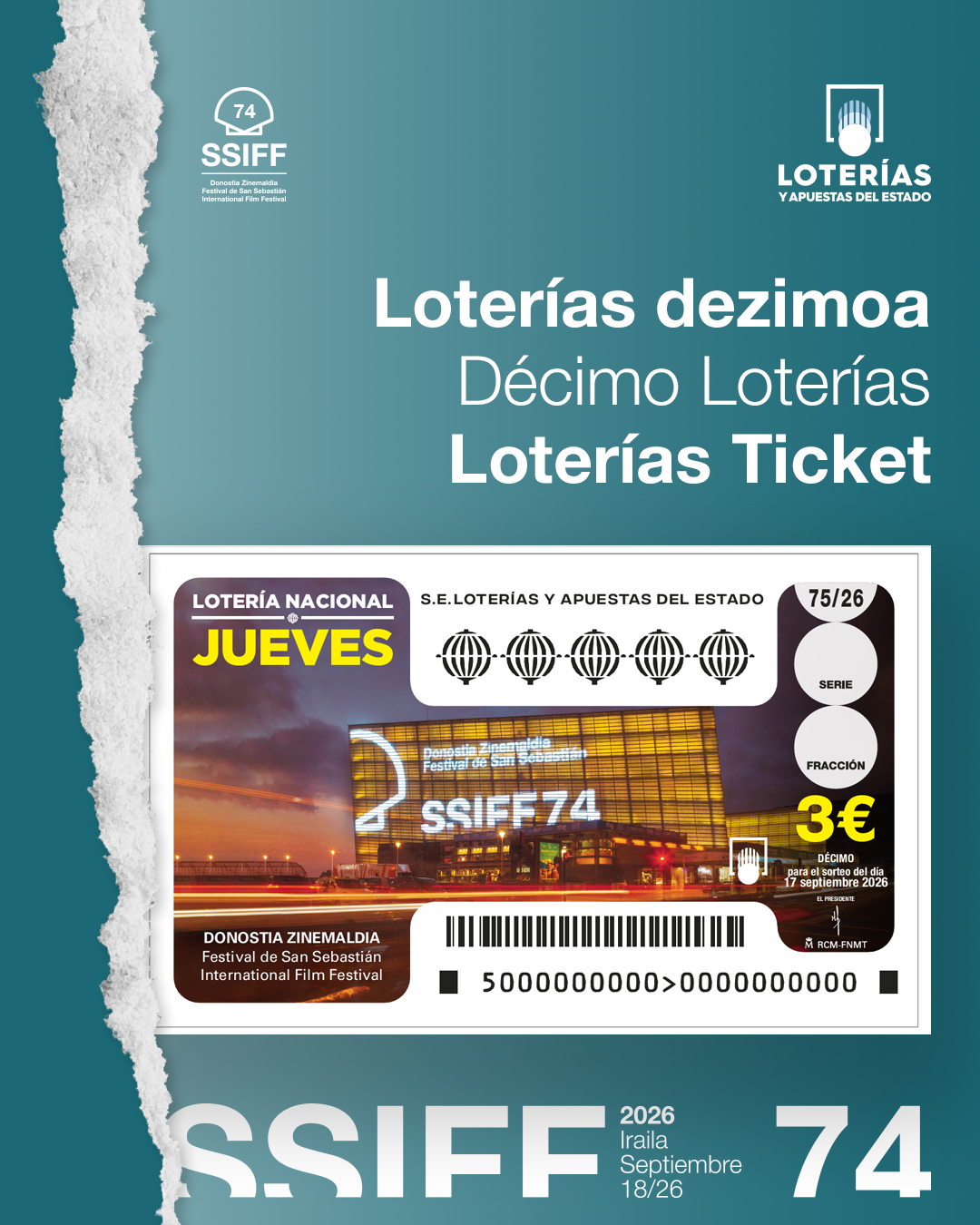 Lotería Nacional ticket featuring the San Sebastián Festival